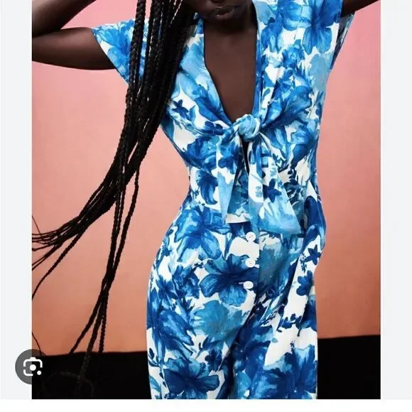 ZARA Floral Print Jumpsuit Blue V-Neck Linen Size XS/ excellent - Picture 4 of 8